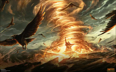 A dramatic HD wallpaper featuring a swirling tornado of fire and ash, surrounded by soaring birds, inspired by the fantasy universe of Magic: The Gathering.