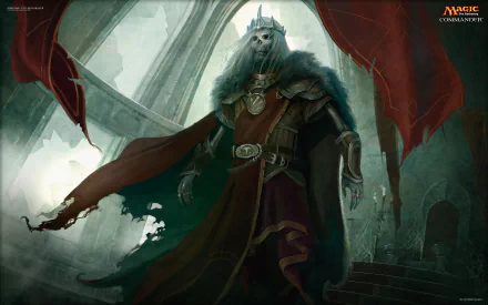 HD desktop wallpaper featuring a dark, regal figure from Magic: The Gathering standing in a ruined throne room with tattered red banners.