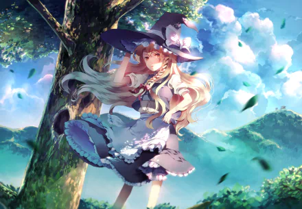 HD anime desktop wallpaper featuring Marisa Kirisame from Touhou, depicted in a detailed, vibrant outdoor scene with flowing hair and a whimsical witch outfit.