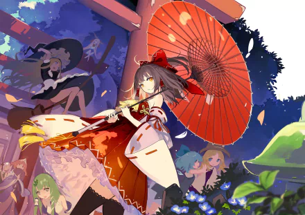 HD anime wallpaper featuring Touhou characters Cirno, Yuyuko Saigyouji, Suwako Moriya, Youmu Konpaku, Sanae Kochiya, Marisa Kirisame, Suika Ibuki, and Reimu Hakurei.