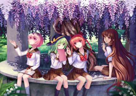 HD anime desktop wallpaper featuring Utsuho Reiuji, Satori Komeiji, Koishi Komeiji, and Rin Kaenbyou from Touhou, seated under cascading purple wisteria blossoms.