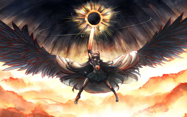 HD PC desktop wallpaper featuring Utsuho Reiuji from Touhou, depicted soaring with dark wings beneath an eclipsed sun surrounded by fiery clouds.