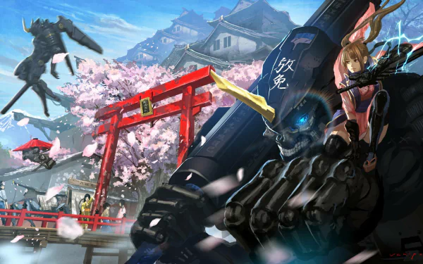 A vibrant HD desktop wallpaper featuring an original anime-inspired mecha scene, with cherry blossoms, traditional architecture, and dynamic action elements.