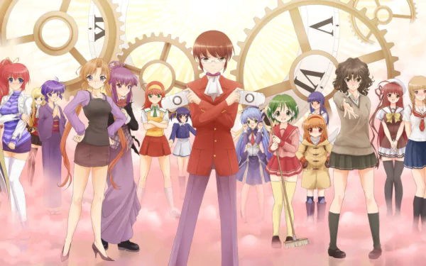 Anime-inspired HD desktop wallpaper from The World God Only Knows, featuring a central character surrounded by various anime girls against a whimsical clock-themed background.