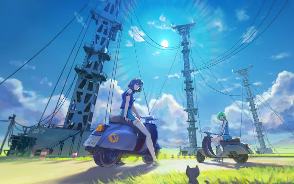 HD PC desktop wallpaper featuring anime characters from Eureka Seven riding scooters beneath a bright blue sky with power lines and lush grass.
