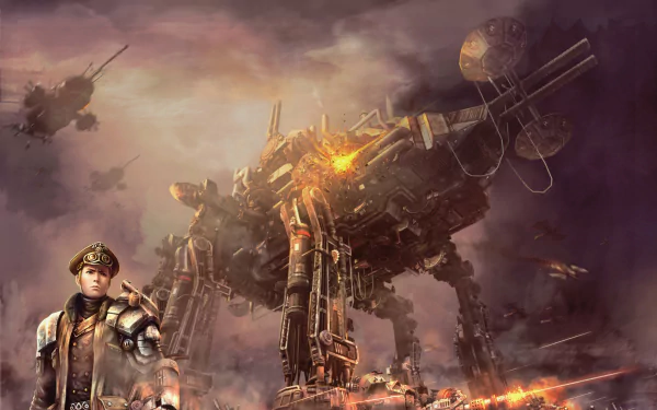 HD PC desktop wallpaper from the video game Black Gold Online, featuring a soldier and a massive, battle-damaged mech in a smoky, war-torn environment.