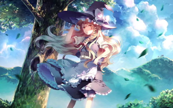 HD anime desktop wallpaper featuring Marisa Kirisame from Touhou, depicted in a detailed, vibrant outdoor scene with flowing hair and a whimsical witch outfit.