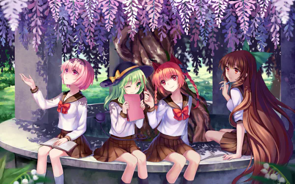 HD anime desktop wallpaper featuring Utsuho Reiuji, Satori Komeiji, Koishi Komeiji, and Rin Kaenbyou from Touhou, seated under cascading purple wisteria blossoms.