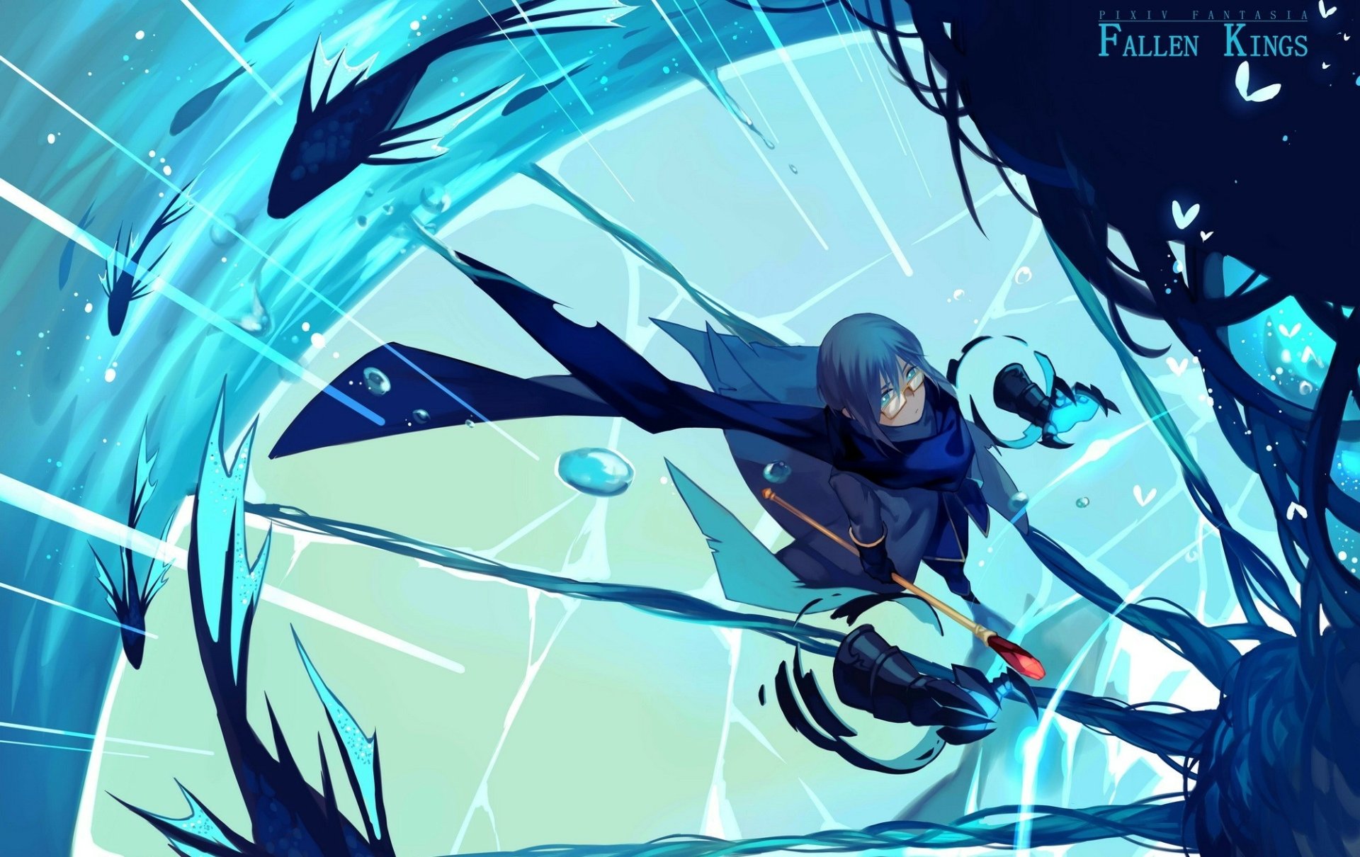 Anime-style HD PC desktop wallpaper from Pixiv Fantasia FK, featuring dynamic action and blue tones, inspired by the Pixiv Fantasia Fallen Kings series.
