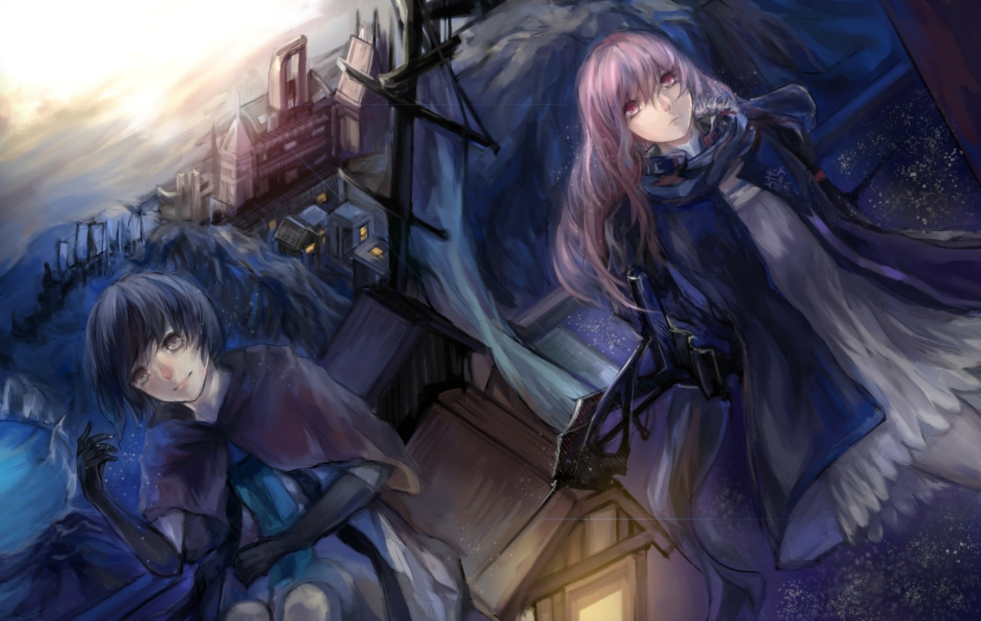 Anime-style HD PC desktop wallpaper from Pixiv Fantasia FK and Pixiv Fantasia Fallen Kings, featuring two characters in a moody, detailed fantasy setting.