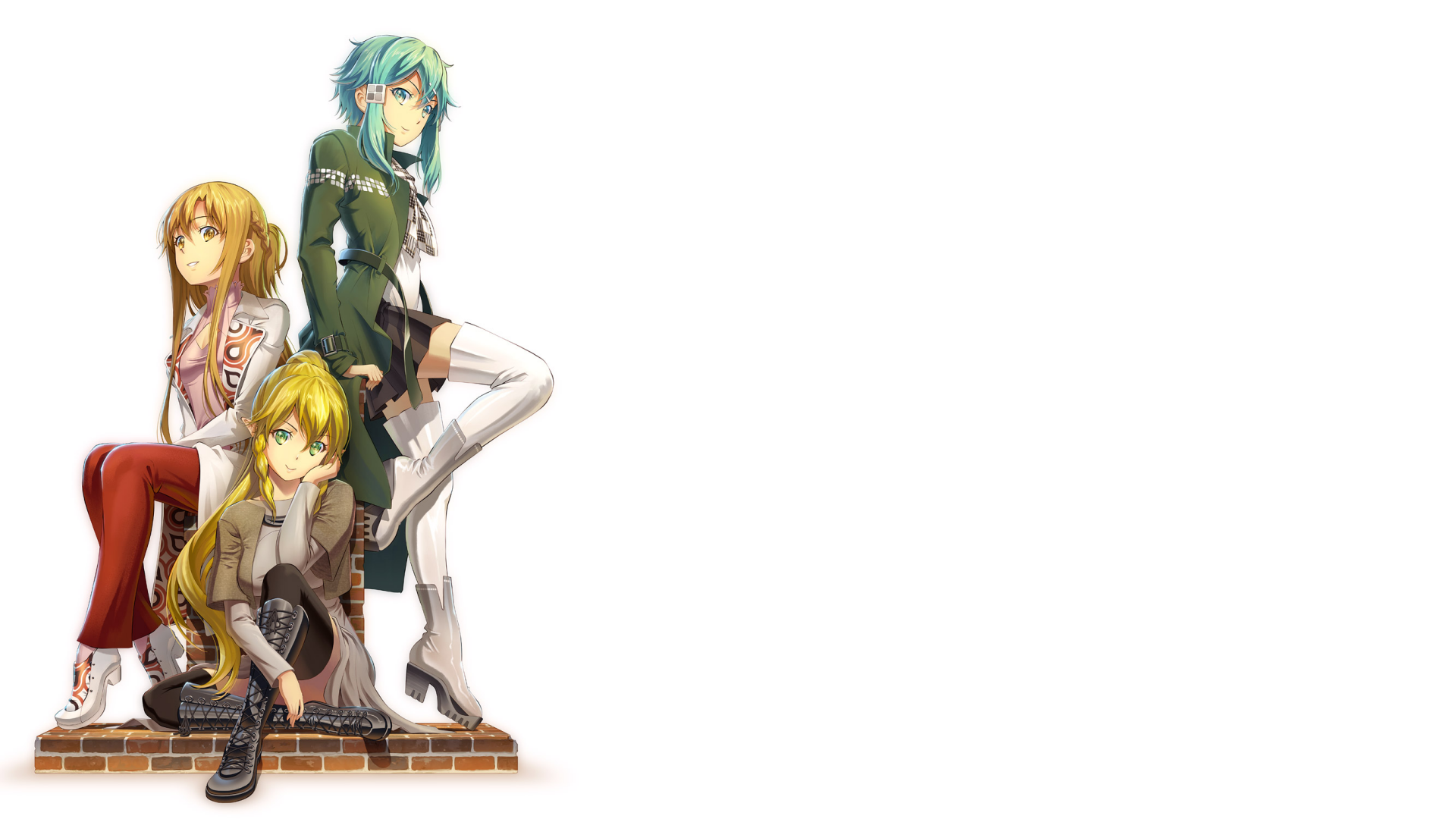 HD desktop wallpaper featuring Suguha Kirigaya, Shino Asada, and Asuna Yuuki from the anime Sword Art Online, showcasing their distinct styles and characters.