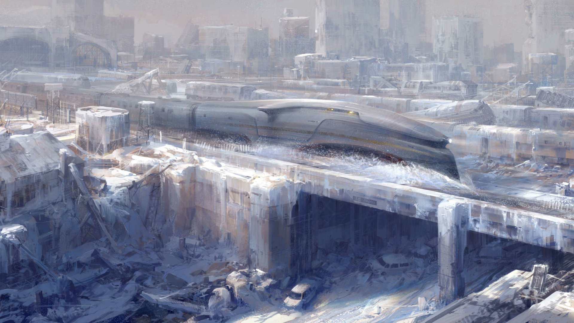 A stunning HD desktop wallpaper featuring a futuristic train from the movie *Snowpiercer*, gliding through a frozen, post-apocalyptic landscape.