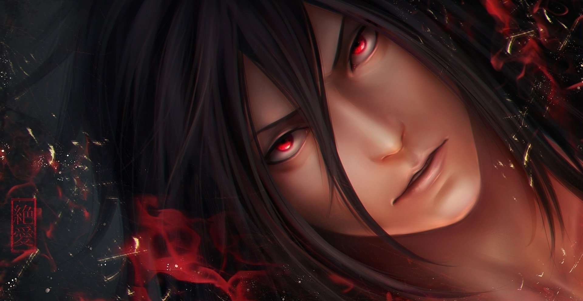 HD desktop wallpaper featuring Sasuke Uchiha as a fierce fantasy warrior with glowing red eyes and dark, fiery background.