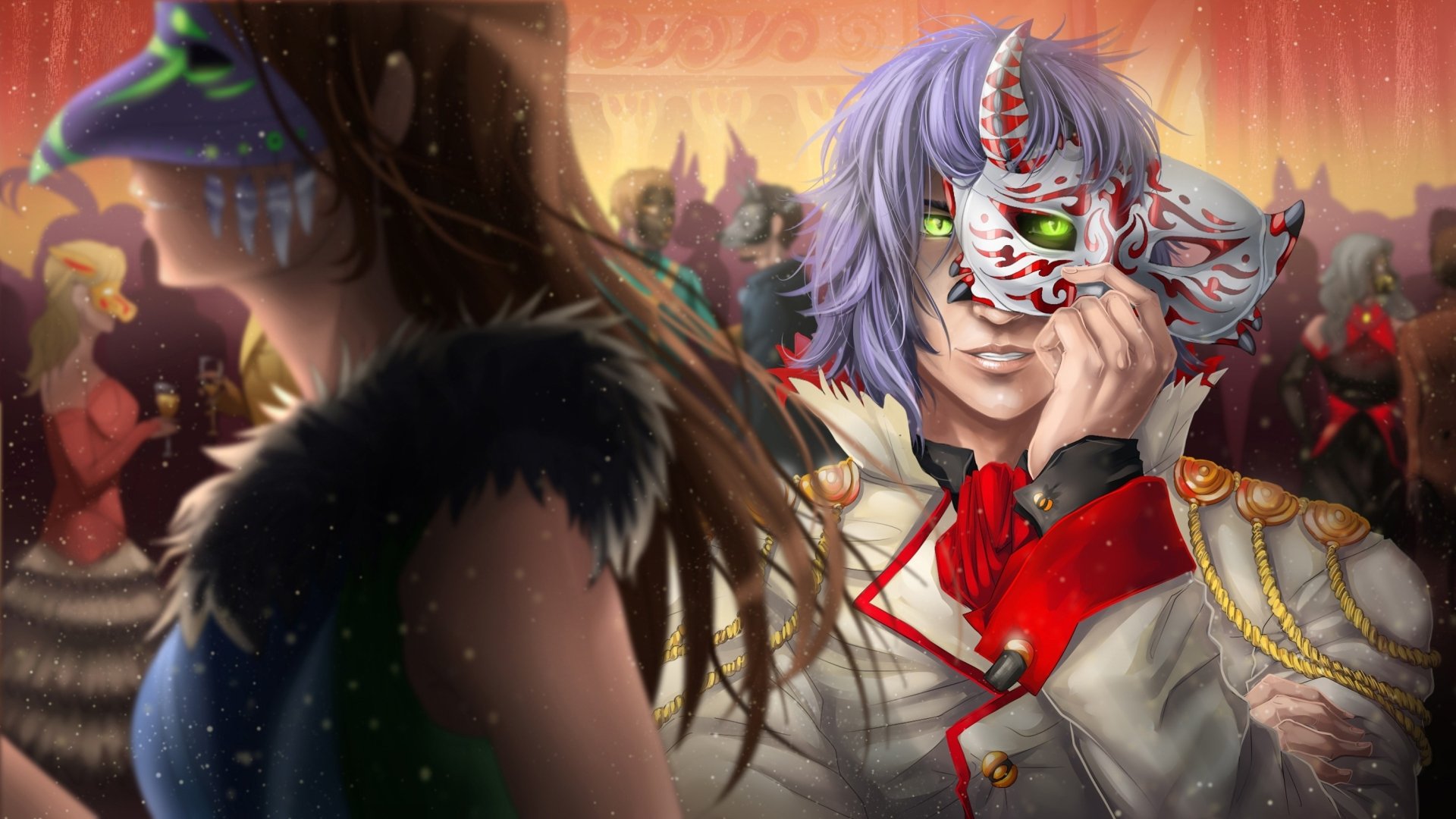 HD anime-style desktop wallpaper featuring a character with purple hair and green eyes at a vibrant carnival, holding a white and red decorative mask.