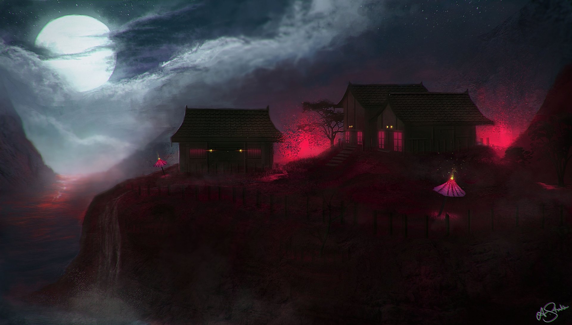 A dark fantasy landscape featuring a glowing full moon, misty cliffs, and illuminated houses with red and purple hues, captured as an HD PC desktop wallpaper.