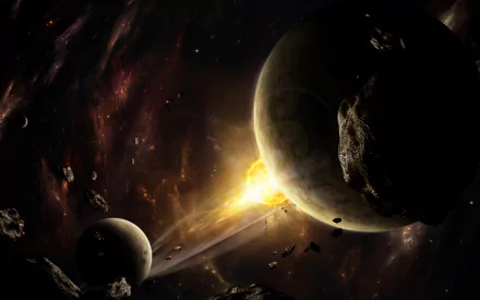 HD PC desktop wallpaper and background: sci-fi scene of planets and asteroids amid a blazing explosion, debris and light streaks ripping through dark space.