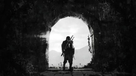 HD desktop wallpaper of a character from the video game Middle-earth: Shadow of Mordor, silhouetted in an arched doorway with a moody, monochrome backdrop.