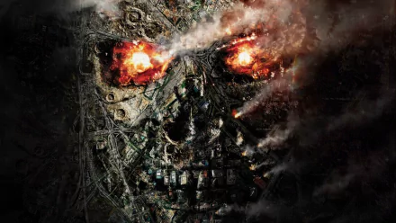 HD desktop wallpaper featuring a detailed image of the Terminator from Terminator Genisys with glowing red eyes amidst a smoky backdrop.
