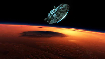 A HD desktop wallpaper from Star Wars Episode VII: The Force Awakens, featuring the Millennium Falcon flying above a planet's surface.