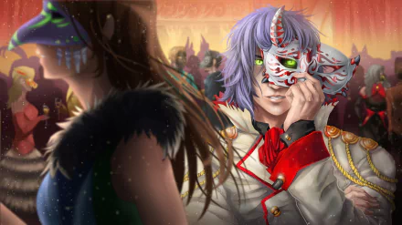 HD anime-style desktop wallpaper featuring a character with purple hair and green eyes at a vibrant carnival, holding a white and red decorative mask.