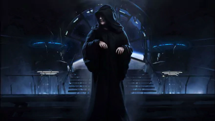 Emperor Palpatine appears in this HD Star Wars wallpaper, shrouded in darkness, set against a futuristic backdrop with glowing elements, evoking a sense of power and mystery.