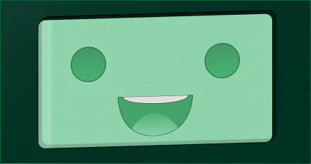 HD desktop wallpaper depicting BMO from Adventure Time with a smiling face, styled in a retro design on a green background.