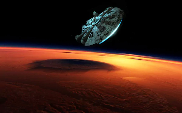 A HD desktop wallpaper from Star Wars Episode VII: The Force Awakens, featuring the Millennium Falcon flying above a planet's surface.