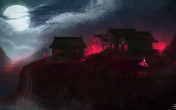 A dark fantasy landscape featuring a glowing full moon, misty cliffs, and illuminated houses with red and purple hues, captured as an HD PC desktop wallpaper.