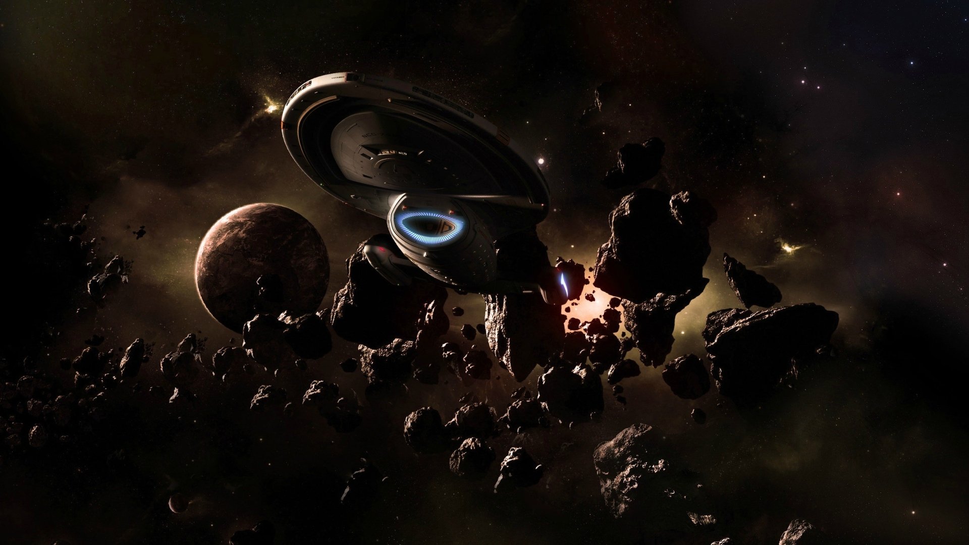 HD sci-fi Star Trek desktop wallpaper showing a starship navigating through an asteroid field near a planet, set against a dark cosmic backdrop.