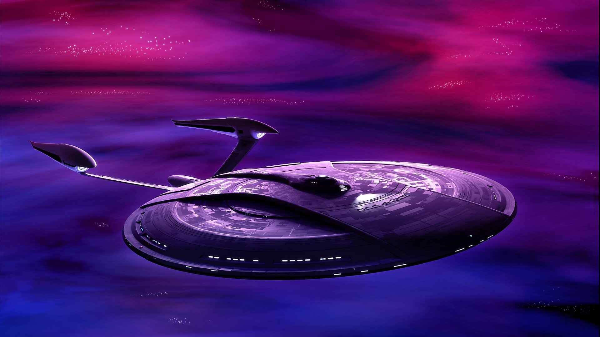 A stunning HD desktop wallpaper featuring a sleek starship set against a vibrant purple and pink cosmic backdrop, capturing the essence of sci-fi and the Star Trek universe.
