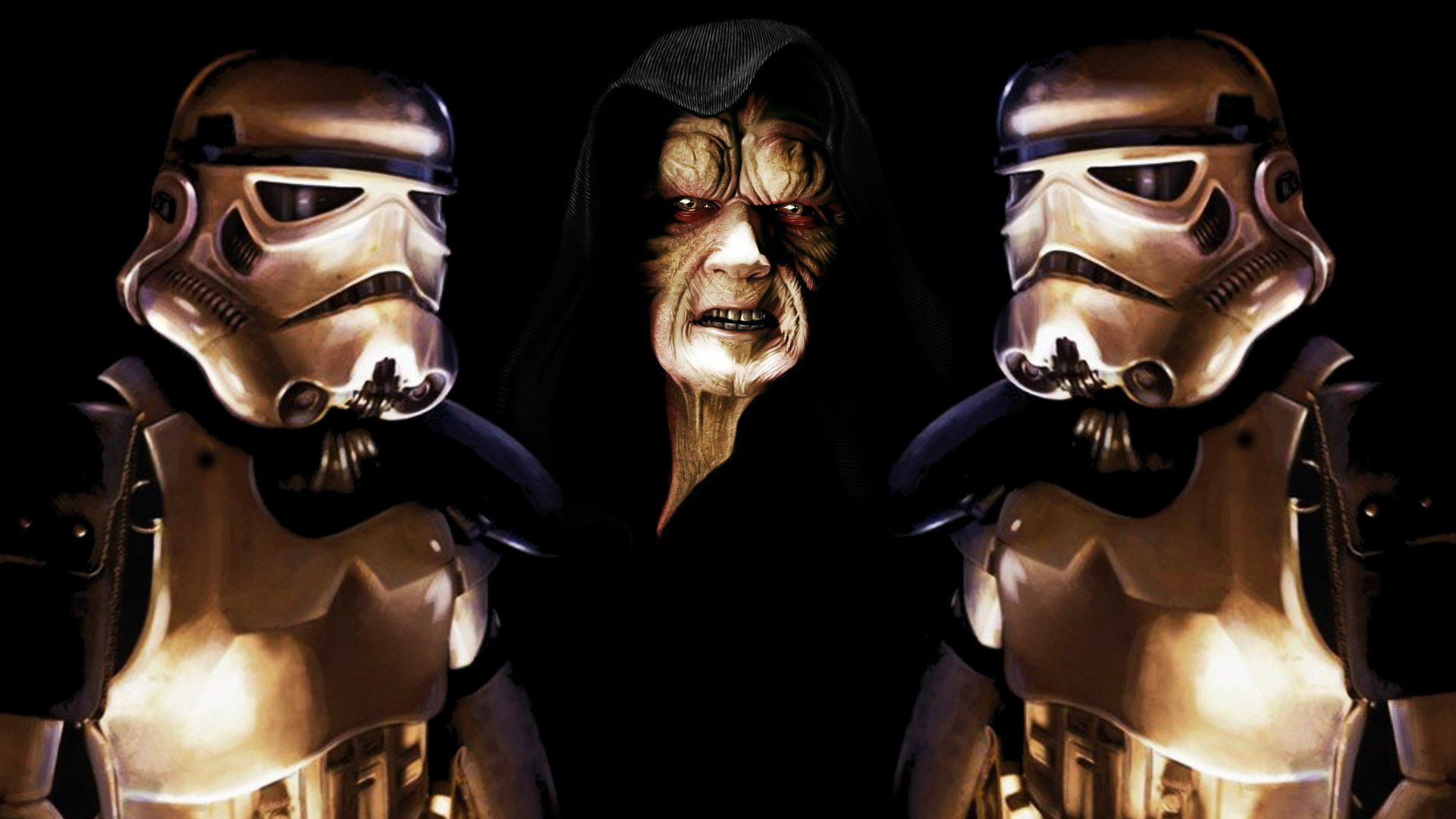 HD PC desktop wallpaper featuring Emperor Palpatine, also known as Darth Sidious, flanked by two Stormtroopers from the Star Wars movie series.