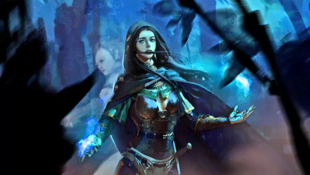 HD desktop wallpaper featuring a fantasy scene with a mystical female mage casting a spell, surrounded by ethereal blue tones and shadowy figures.