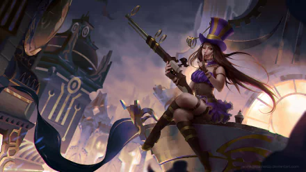 Caitlyn from League of Legends sits confidently with a sniper rifle, dressed in vibrant purple attire, against a captivating fantasy backdrop, showcasing dynamic video game art.