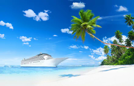 A 4K Ultra HD desktop wallpaper showing a tropical beach with palm trees, white sand, a vehicle, and a cruise ship sailing under a bright blue sky.