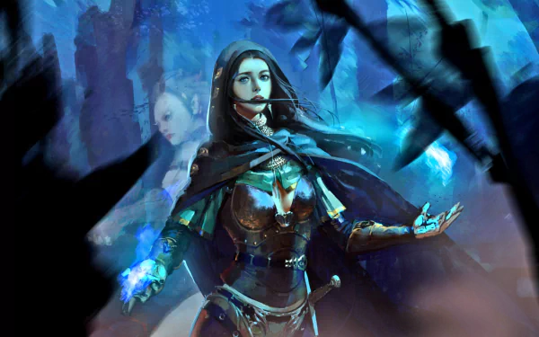 HD desktop wallpaper featuring a fantasy scene with a mystical female mage casting a spell, surrounded by ethereal blue tones and shadowy figures.