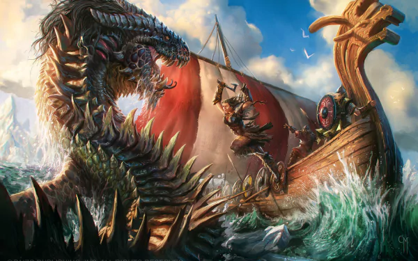 HD fantasy desktop wallpaper depicting a fierce sea monster attacking a Viking ship with warriors battling amid crashing waves and dramatic skies.