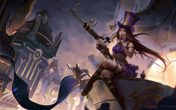 Caitlyn from League of Legends sits confidently with a sniper rifle, dressed in vibrant purple attire, against a captivating fantasy backdrop, showcasing dynamic video game art.