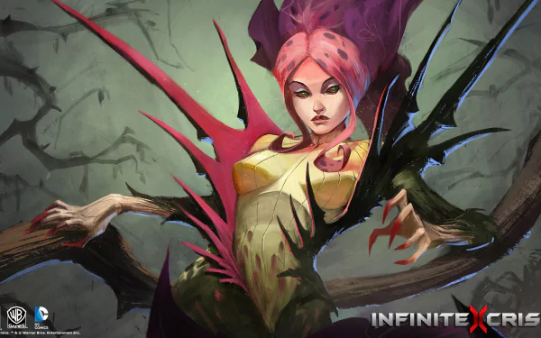 HD PC desktop wallpaper from the video game Infinite Crisis: pink‑haired, plant‑infused female character with thorny tendrils and clawed hands against a murky green backdrop.