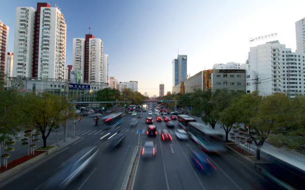 A vibrant urban scene in Beijing showcasing busy streets filled with cars and modern skyscrapers, captured in stunning 4K Ultra HD quality for a captivating desktop background.