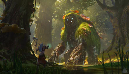 Fantasy creature with moss and mushrooms on its body stands in a mystical forest, facing a small figure, rendered in HD for a PC desktop wallpaper.