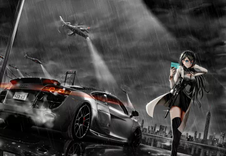 Anime girl with black hair and blue eyes holding a gun, standing next to an Audi car at night in the rain. Helicopters flying in the background in a dramatic, action-packed HD desktop wallpaper.