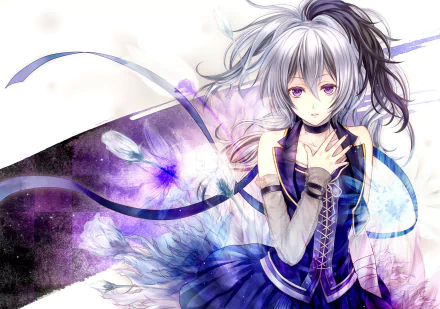An anime-style HD wallpaper featuring V Flower from Vocaloid, with flowing hair and a blue dress, surrounded by delicate flowers and abstract designs in soft colors.