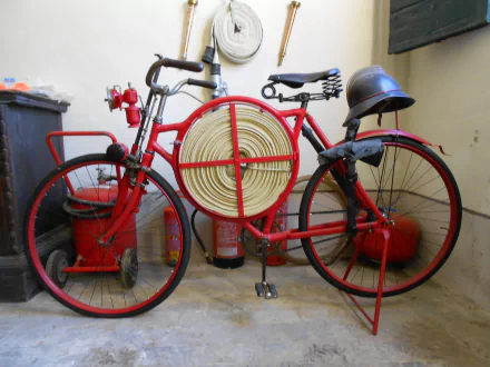 A vintage red bicycle with a fire hose reel and helmet, set against a backdrop of fire extinguishers. This 4K Ultra HD wallpaper captures a unique vehicle scene.