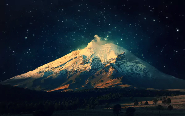 HD wallpaper of a majestic volcano under a starry night sky, showcasing the natural beauty of the mountain and surrounding landscape.