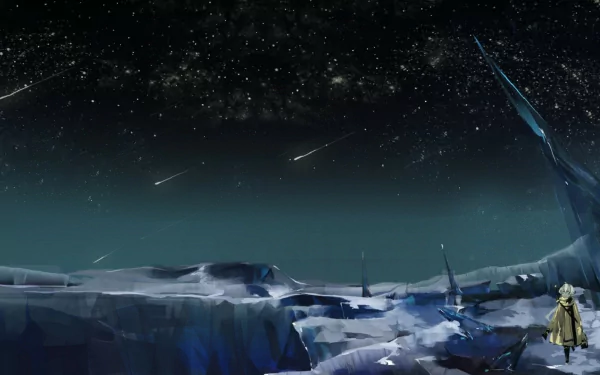 A stunning HD wallpaper depicting a vast, icy landscape under a starry sky filled with meteors, inspired by anime aesthetics from Pixiv Fantasia.
