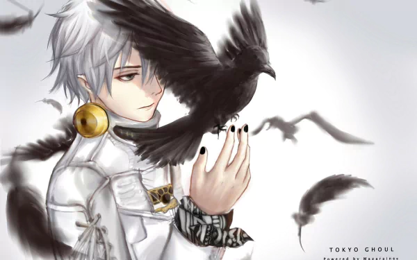 HD desktop wallpaper featuring Ken Kaneki from Tokyo Ghoul, depicted with a crow on his hand, set against a muted background.
