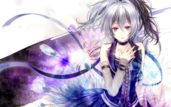 An anime-style HD wallpaper featuring V Flower from Vocaloid, with flowing hair and a blue dress, surrounded by delicate flowers and abstract designs in soft colors.
