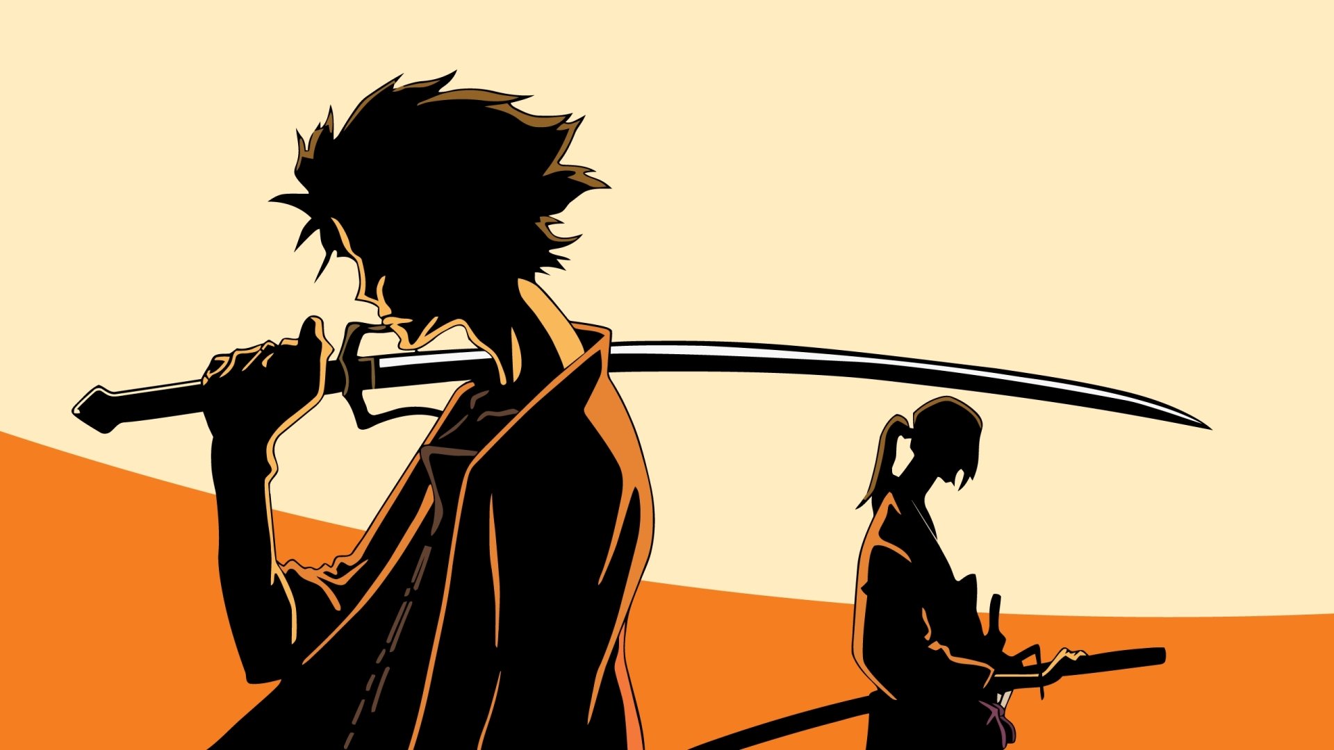 HD anime desktop wallpaper featuring Mugen from Samurai Champloo, silhouetted with swords against an orange background.