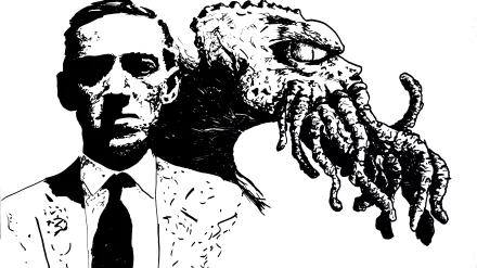 Black and white HD desktop wallpaper featuring a portrait of H.P. Lovecraft alongside a detailed fantasy depiction of Cthulhu.