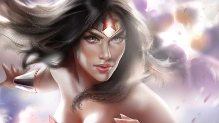 HD comic-style Wonder Woman portrait with dynamic lighting and flowing hair, designed as a striking PC desktop wallpaper and background.